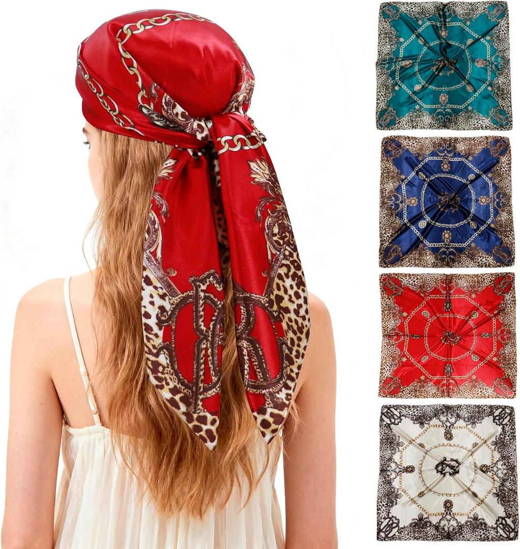 Ciormis 35" Silk Head Scarf for Women, 4 Pcs Satin Hair Scarf Square Silk Bandana Top Neck Scarves Hair Wraps for Sleeping (U1-fashion Leopard-set24)