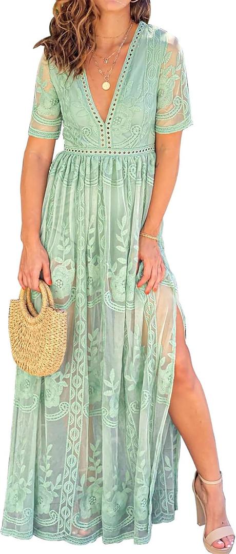 Women's Casual Off Shoulder Lace Maxi Dress Boho White Bridesmaid Wedding Evening Party Dresses (XX-Large, Green)