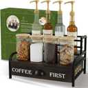 Coffee Syrup Rack Organizer 3-Tier Coffee Bar Stand for Countertop, Rustic Wood & Metal Bottle Display Shelf with Coffee Pod Drawer, Wine Rack, Liquor Display Shelf for Home Coffee Station