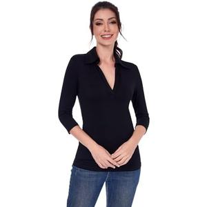 AmélieBoutik Women Collared V Neck 3/4 Sleeve Polo Shirt Small