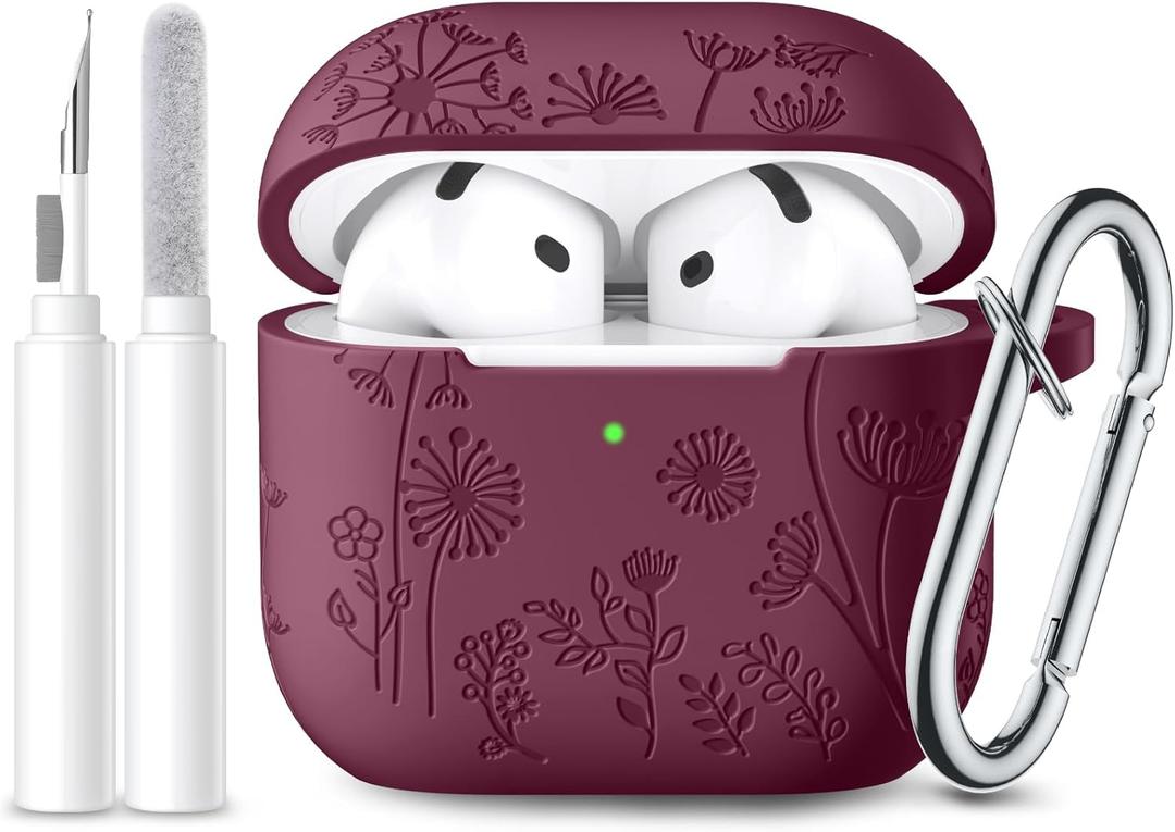 Lerobo Case Cover for Airpods 4, Flower Engraved Silicone, Full Protective, Shockproof, Anti-dust, with Cleaner Kit & Keychain, Compatible with Apple Airpods 4 Case for Women, Purplish Red