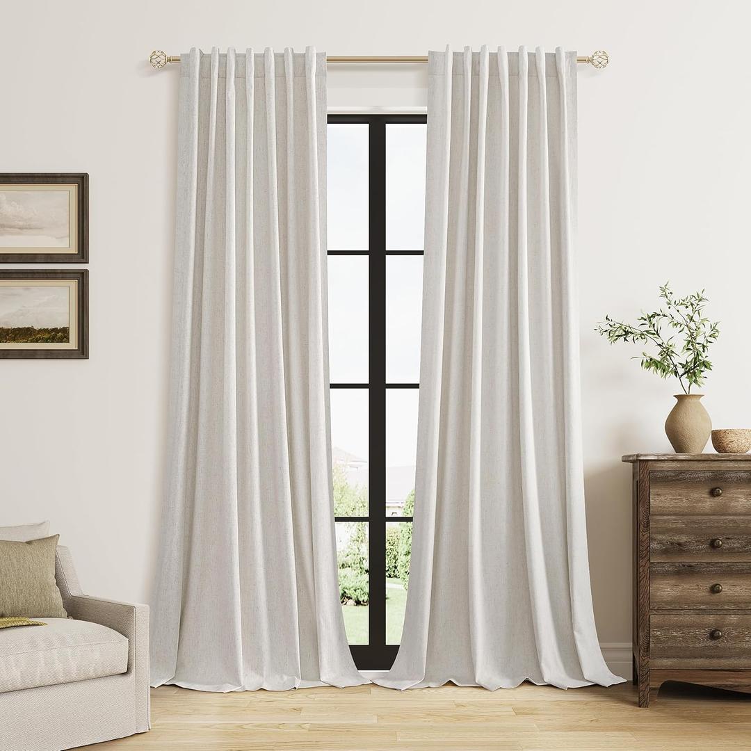 Guken Light Beige Extra Long 100% Blackout Curtains 120 Inch Length 2 Panels Set for Living Room Bedroom Back Tab Thermal Insulated Black Out Linen Drapes Room Darkening Window Curtain, 52x120