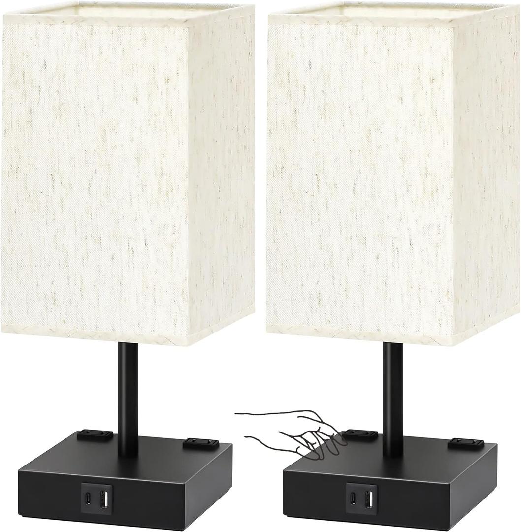 Soilsiu Bedside Table Lamps Set of 2 - Touch Nightstand Lamp for Bedroom with USB C+A Charging Ports & AC Outlets, 3-Way Dimmable Desk Lamp Flaxen Fabric Shade for Living Room Office(Bulb Included)