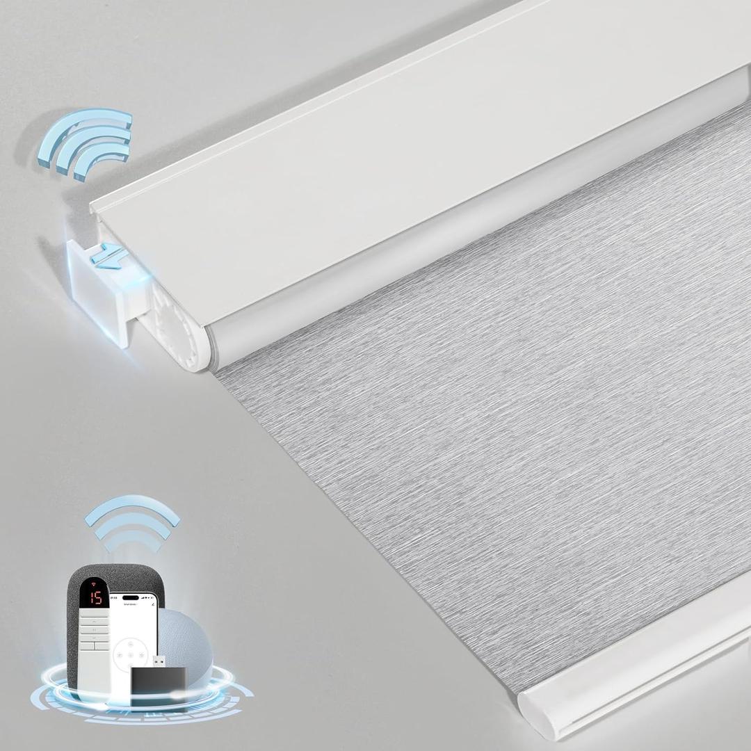 Smart Motorized Blinds with Remote, Cordless No-Drill Automatic Roller Shades, Blackout Electric Blind for Windows, Grey, 34.5 x 72