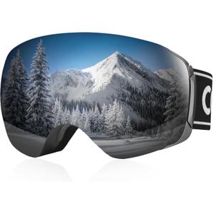 COOLOO Snow/Ski Goggles, Snowboard Goggles for Men Women Youth -OTG, Magnetic Lens Frameless Anti Fog 100% UV Protection (01. Black Frame, Silver Revo Lens, Vlt 9.5%)