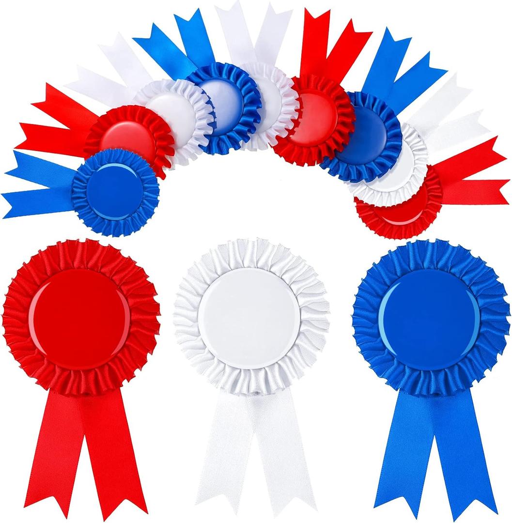 12 Pcs Blank Award Ribbons 1st 2nd 3rd Place Rosette Ribbons Blue Red White First Second Third Place Participation Medal for Sports Events Classroom Winners Certificate Prizes