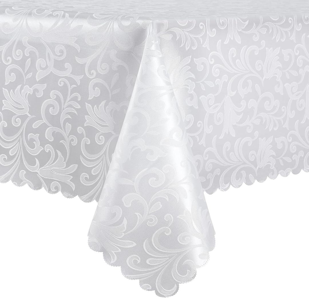 Wave Scroll Damask Jacquard Rectangle White Tablecloth 60"x102"，Wipeable Table Cover for Dining Table, Buffet Parties and Camping