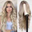 starluck Long Ombre Ash Blonde Wavy Wig for Women 26 Inch Middle Part Curly Wig Natural Looking Synthetic Heat Resistant Fiber Wig for Daily Party Use