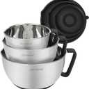 Rorence Stainless Steel Non-Slip Mixing Bowls With Pour Spout, Handle and Lid, Set of 3, Black