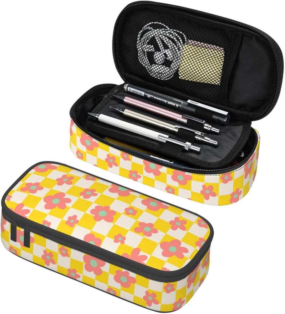 Yellow Red Flower Large Pencil Case for Girls, Pencil Pouch Pen Bag Kids | Big Capacity with Flip Top Zipper Stationery Organizer Storage Back to School Supplies for School Office College Student