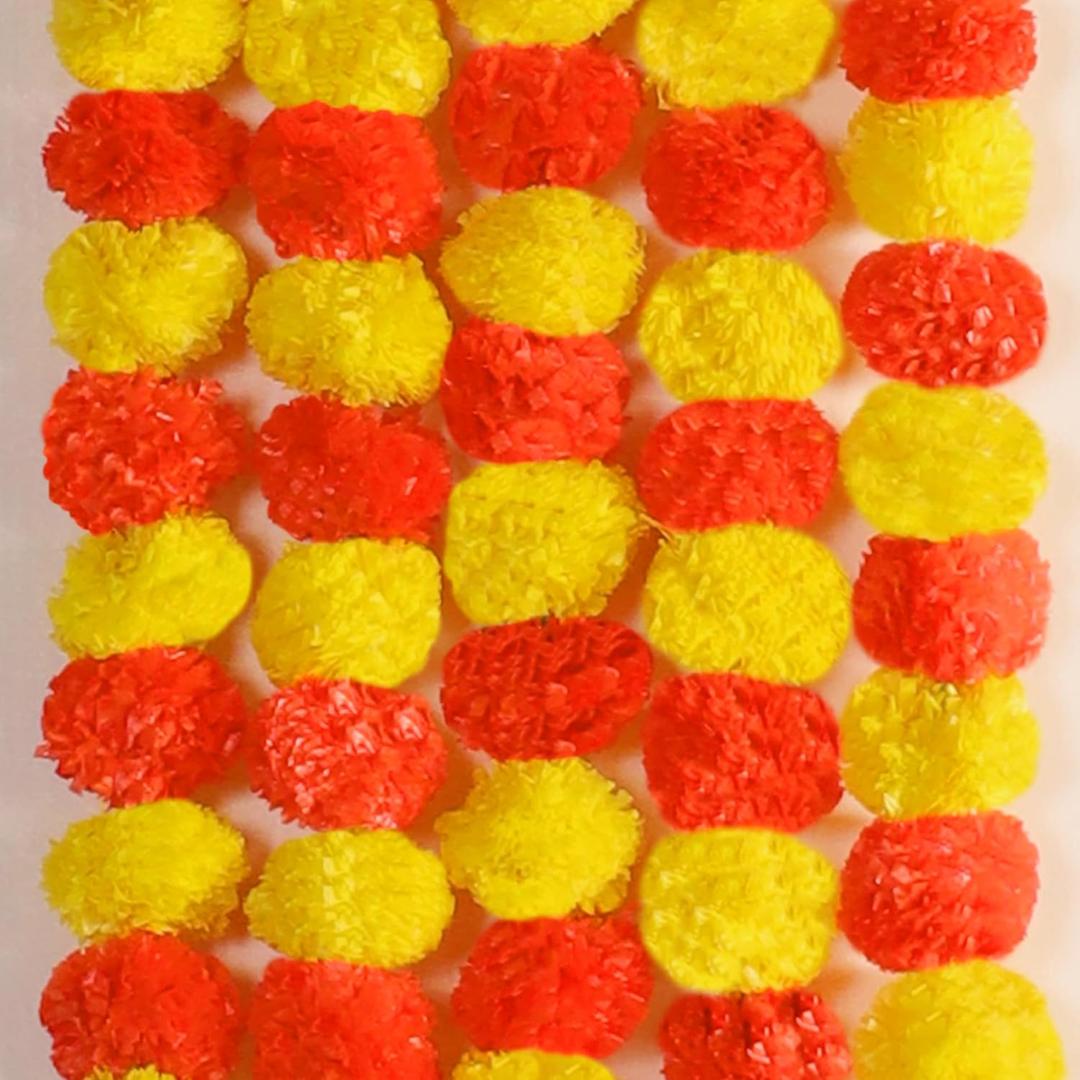 5 PC - 4.5 feet Marigold Garland Halloween Diwali Pooja Indian/American Wedding Party Mantle Decoration Faux Artificial String Christmas Fall Festival Spring Bush Floral Decor - Yellow & Orange