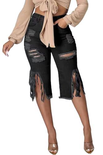 DvaeMalligo Black Jean Shorts for Women Ripped High Waisted Stretchy Raw Hem Destroyed Tassels Capris Bermuda Jean Shorts Plus Size 2XL