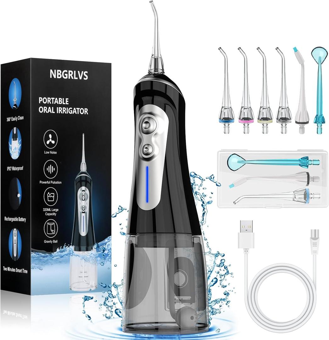 NBGRLVS Water Dental Flosser for Teeth Pick Cleaning Cordless - 6 Adjustable Modes,320ML Portable & Rechargeable IPX7 Waterproof Powerful Oral Irrigator, Cleaner Picks for Home Travel (Black)