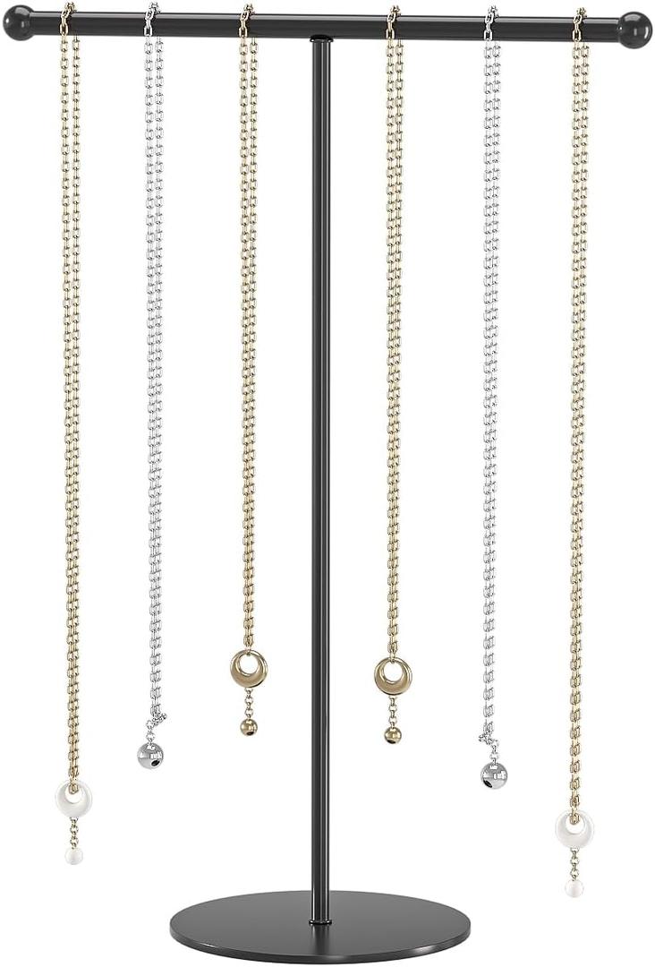 Metal T-Bar Necklace Holder Stand, Necklace Hanging Display Stand, Tabletop Jewelry Organizer Stand for Necklace Bracelet Earring Display (Black With Metal Base)