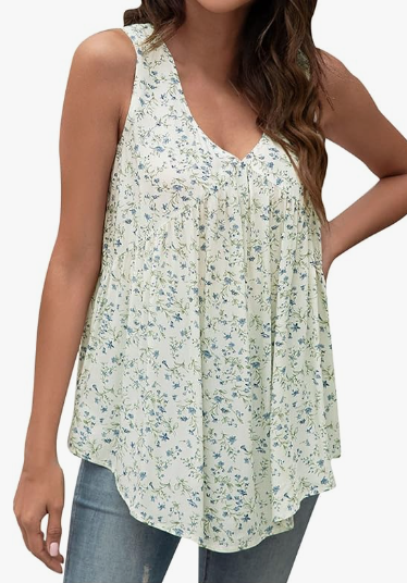Summer Casual Flowy Tank Tops for Women Sleeveless Casual Floral Print Blouse Soft Loose Plus Size Pleated Shirts