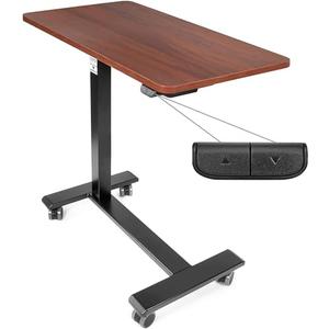 Vaunn Medical Electric Overbed Table Bedside Height Adjustable Table with Wheels (Electric-Powered, Hospital and Home Use) - Brown (Organic Modern)