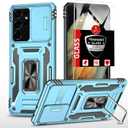 for Samsung Galaxy S21 Ultra Case with Screen Protector,Built-in Slide Camera Cover+Stand Ring for S21 Ultra Phone Case Shockproof Anti-Scratch Military-Grade Drop Heavy Duty Protection Blue