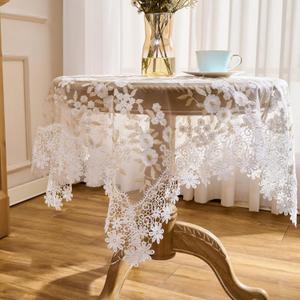 White Floral Ivory Gold Leaves Lace Tablecloth 43”x43” Square Small Table Cover (White & Ivory, 43”x43” Square)