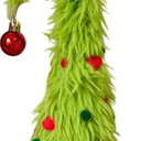 Set of 2 Christmas Table Tree Decor  12.5'' Lighted Green Plush Christmas Tabletop Mini Tree Decorations with Red Balls Stars, Indoor Xmas Home Decor for Table Office Mantle