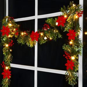 Lulu Home 9FT Pre-lit 30LED Christmas Garland with Glass Beads, Battery Operated Christmas Lighted Poinsettia Garland Indoor Outdoor for Fireplace, Staircase, Banister, Railing Decor