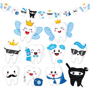 Tooth Party Garland Banner  Pre-Strung Cartoon Tooth Characters Hanging Decoration for Dental Clinic, Tooth Fairy Birthday, Kids Dentist Party, Classroom, Graduation, and Oral Health Week Supplies