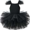 Girls Dance Tutu Dresses Ruffle Sleeve Snap Crotch Ballet Leotards Black 5-6 Years