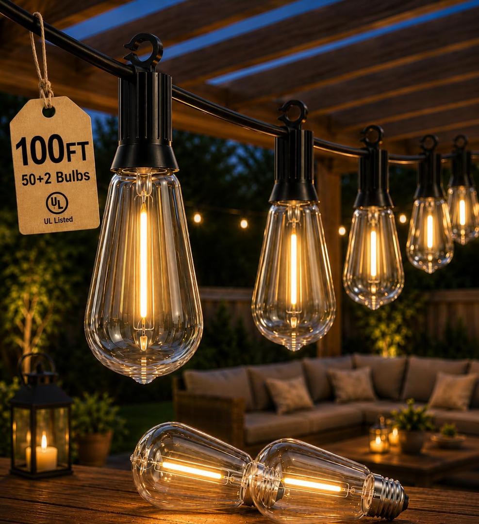 ST38 LED Outdoor String Lights, 100FT Shatterproof Dimmable Patio Lights