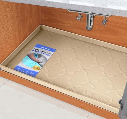SIKADEER Silicone Under Sink Mats for Kitchen Waterproof 34" x 22", Raised Edge Cabinet Protector Shelf Liner, Bathroom Organizers and Storage Boot Tray Pet Mat, 2 pcs Grey