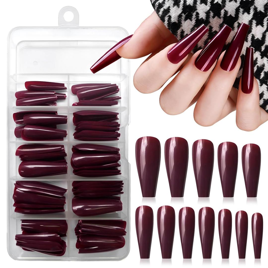 120pc Coffin Press on Nails Medium Length Colored Long Ballerina Fake Nails Full Cover Acrylic Tips False Artificial Fingernails Deep Burgundy Medium Coffin Presson Nails for Women Girls