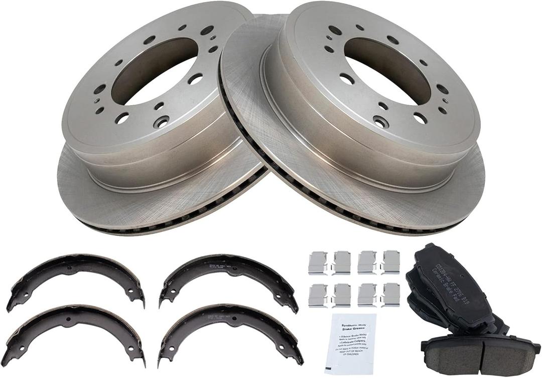 TRQ Rear Brake Pad & Rotor Kit Brake Pads Brake Rotor Parking Brake Shoe Set Ceramic Compatible with 2008-2021 Lexus LX570 Toyota Land Cruiser Sequoia 2007-2021 Tundra