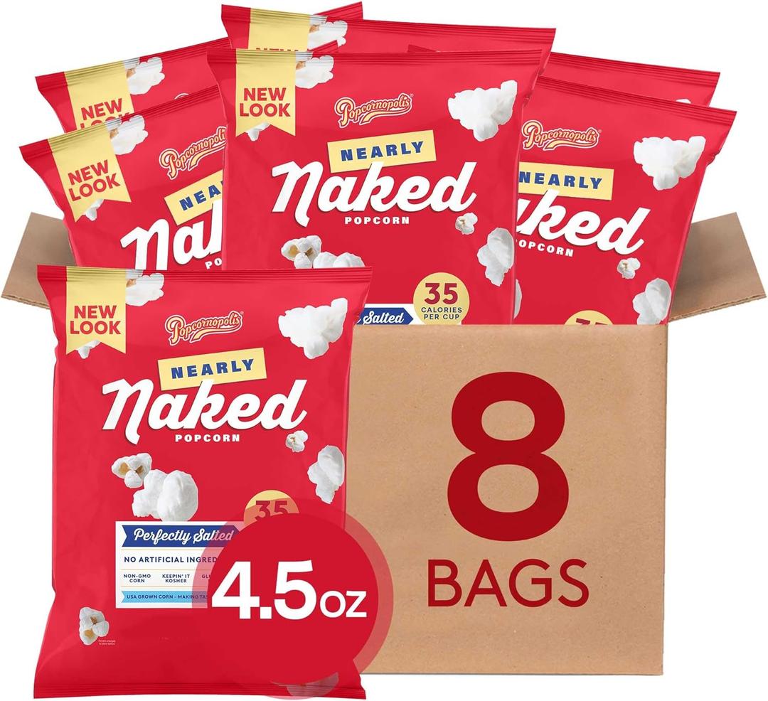 Popcornopolis Nearly Naked Gourmet Popcorn, Popped Popcorn Snack Bags, 4.5 Ounce (Pack of 8)  BBD 05/13/2026