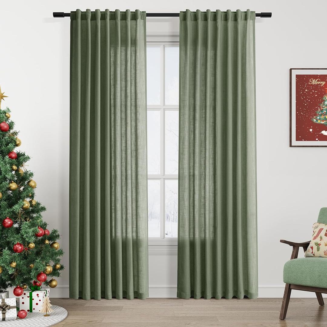 Christmas Olive Green Linen Curtains 84 Inches Long for Bedroom Back Tab Light Filtering Privacy Semi Sheer Curtains Modern Farmhouse Decor Olive Green Curtain for Living Room 2 Panels 52x84 (Loden)