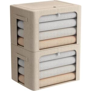 2 Pack Clear Window Storage Bins Large Foldable Fabric Storage Bins Boxes for Clothes Stackable Box Organizer Set with Carrying Handles (Beige, 19.7x 15.7x 12.5 Inch)