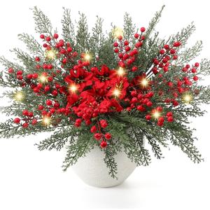 Suncalla
2 Pack Lighted Artificial Christmas Pick Pine Branches with Red Berry Stems 17 Inch Real Touch Faux Norfolk Cedar Branch with Flower for Vase Garland Xmas Home Decoration Craft (Cedar Pine)