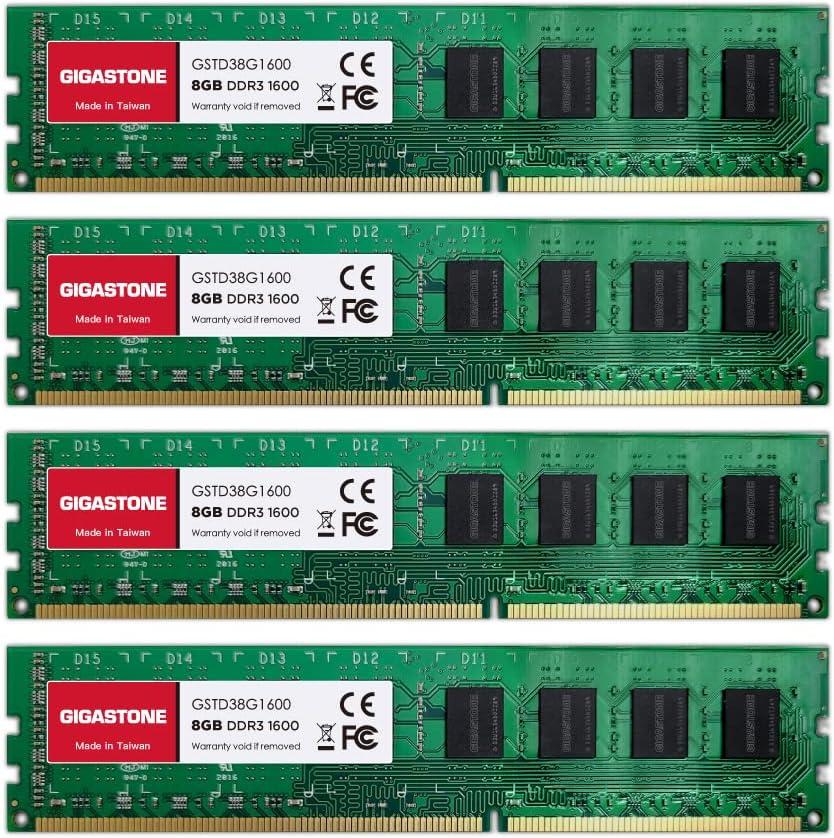 DDR3 RAM GIGASTONE 32GB Kit (4x8GB) DDR3/DDR3L 1600MHz (1333MHz) PC3-12800 (PC3-10600) CL11 1.35V/1.5V 2Rx8 UDIMM 240 Pin Unbuffered Non ECC High Performance PC Desktop Memory Upgrade
