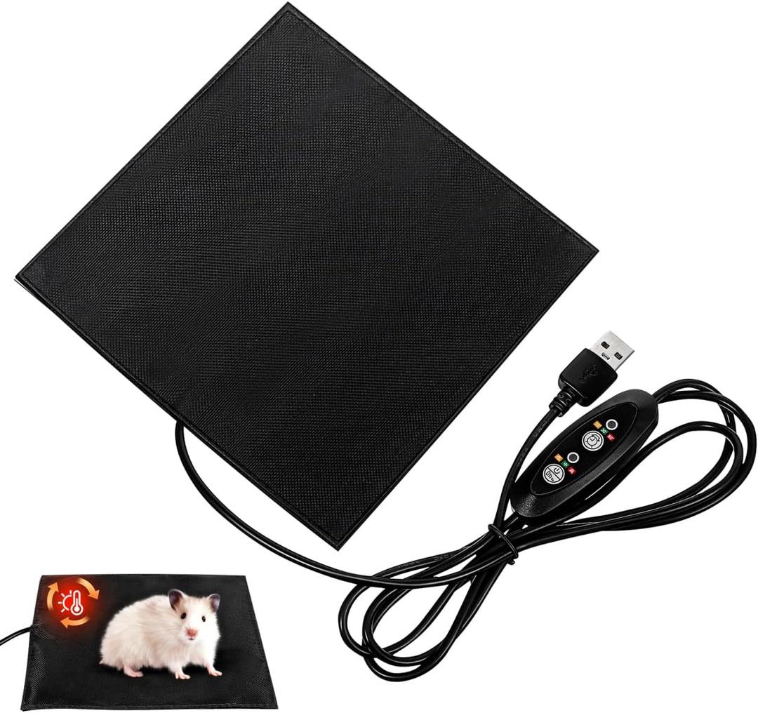 USB Heating Pad for Small Pets, Adjustable Temperature Heating Mat for Hamsters Squirrels Birds Chinchillas Reptile and Rabbits, Waterproof Warmth, 5.5x5.5in, Black