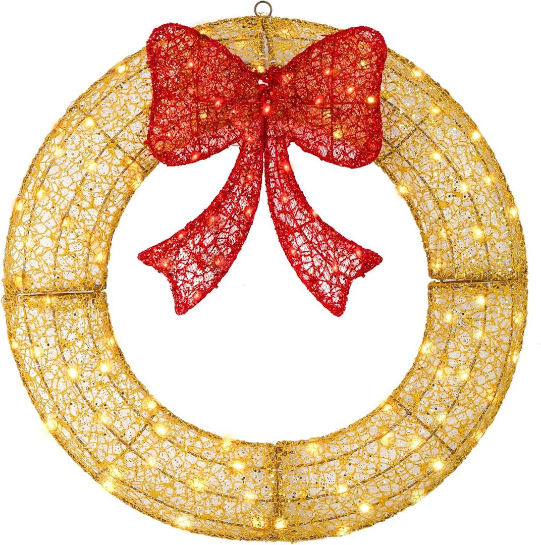 24" Pre-Lit Outdoor Christmas Wreath with 140 LED Lights and Bow, Lighted Metal Christmas Wreath Decoration with Timer Function for Xmas Home Wall Front Door Window Garage (Golden Red)