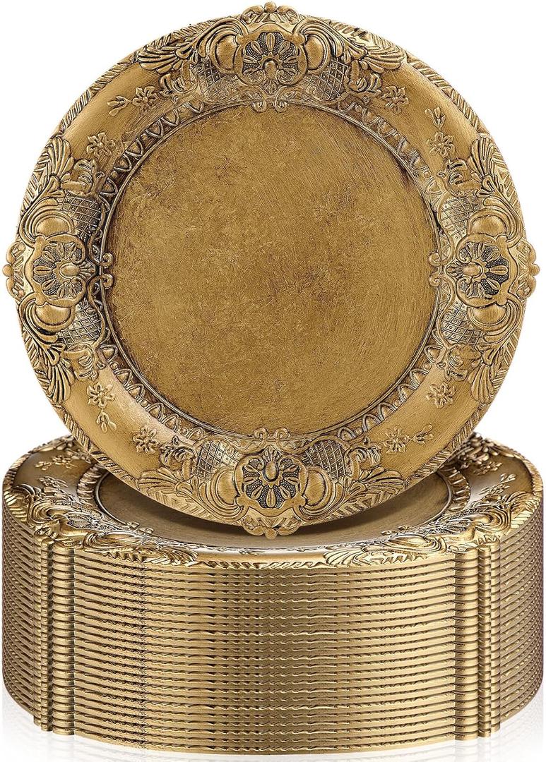 Mifoci Antique Gold Charger Plates Set of 24 Plastic Gold Chargers for Dinner Plates Decorative 13" Round Plate Bulk with Embossed Rim for Dinner, Party, Wedding(Classic)