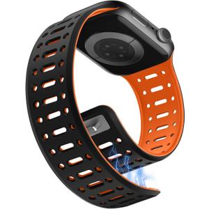 Magnetic Band Compatible with Apple Watch Band 49/46/45/44/42mm for Men Women, Breathable Silicone Sport Band with Safety Button for iWatch Ultra Series 11 10 9 8 7 6 5 4 3 SE (Black-Orange)
