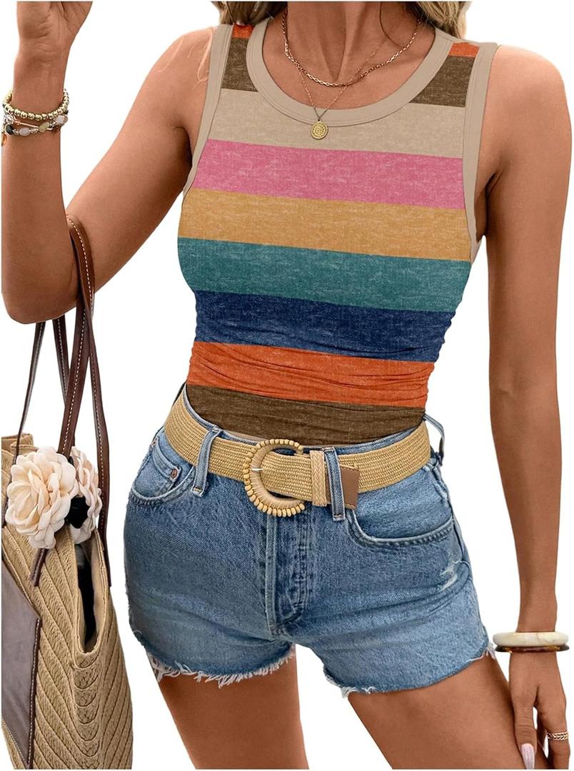 Women's Rerto Floral Tank Tops Graphic Sleeveless Fitted Summer Tops Casual T Shirts Tees (XL)