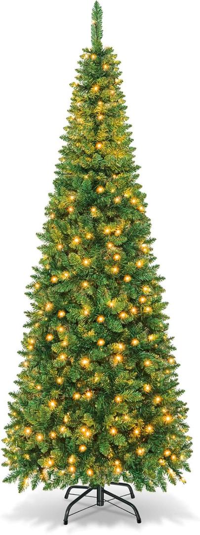 Goplus Prelit Pencil Christmas Tree, Premium Hinged Fir Tree, with LED Lights and Solid Metal Stand, Easy Assemble, Ideal Artificial Xmas Tree for Home and Office, Warm White LED (7.5FT)