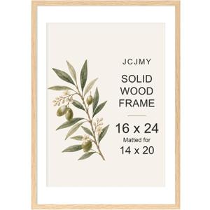 JCJMY 16x24 Solid Wood Picture Frame, Display 14x20 with Mat or 16 x 24 without Mat, Wooden 16 by 24 Photo Frame with Shatter Resistant Plexiglass for Wall Hanging, Natural, 1 Pack