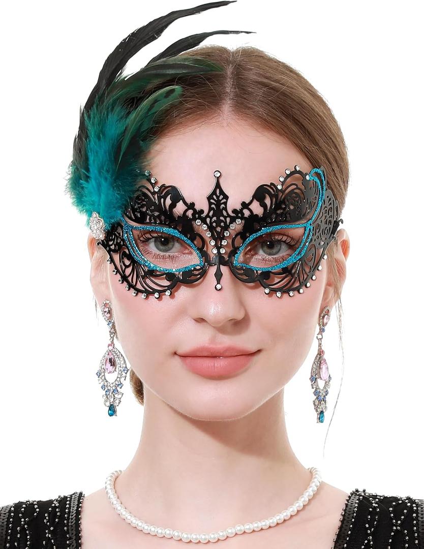 LA CARRIE Metal Feather Masquerade Face Mask for Women Venetian Antique Mardi Gras Masks for Halloween Party Costumes (Blue)