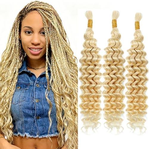 ZHAOXI WIG 613# Blonde Human Braiding Hair for Boho Deep Wave Human Hair for Braiding 3 Bundles/Pack No Weft Curly Human Hair Extensions for Braids (18 inch,150g)