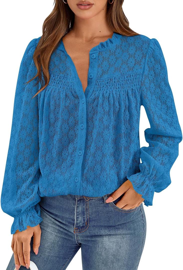 PRETTYGARDEN Lace Long Sleeve Shirts Casual Button Down Going Out Tops Hollow Out Eyelet Blouses 2026 Spring Fashion Clothing(Lake Blue,Medium) (M)