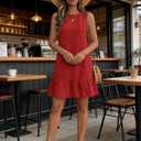 Halife Women's Sleeveless Tank Dress Tie Back Flowy Summer Sun Dresses Casual Ruffle Hem Mini Linen Dress Red Dresses L