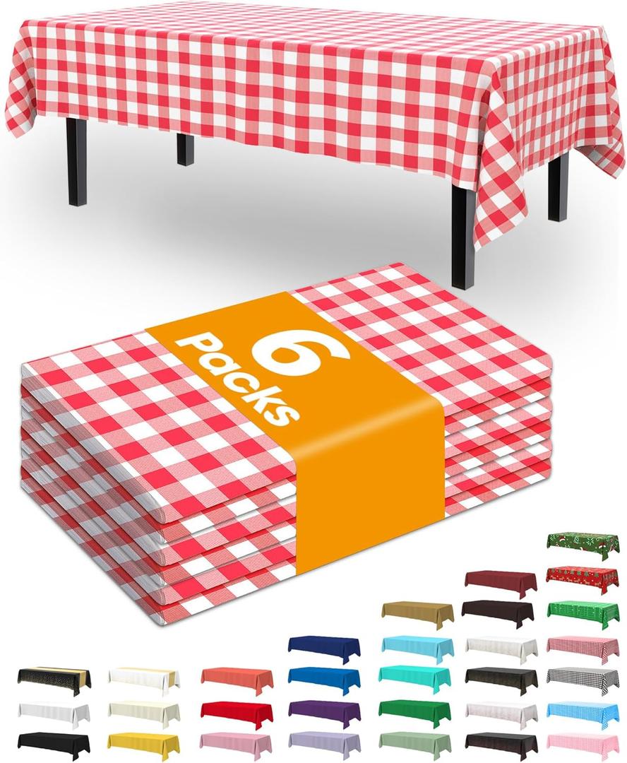 Pureegg Plastic Table Cloth Disposable 6 Pack, 54 x 108 Inch Table Cloths, Party, Picnic, Decorative Gingham Tablecloths, Rectangle, Red and White Checkered Cover, Waterproof, Red Plaid