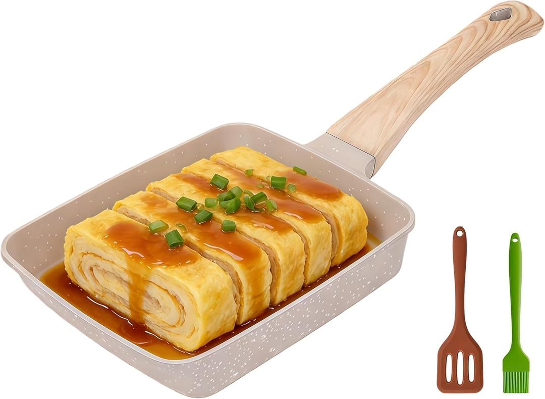 Nonstick Tamagoyaki Pan Japanese Egg Pan, 6"x7" Cream White Granite Stone Omelette Pan, PFOA Free Rectangular Frying Pan with Silicone Spatula & Oil Brush, Induction Compatible