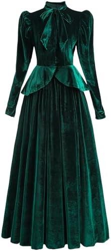 FCCAM Velvet Victorian Dress for Women Black 2-Piece 1800s Edwardian Dresses Costume with Pockets, Green, Large