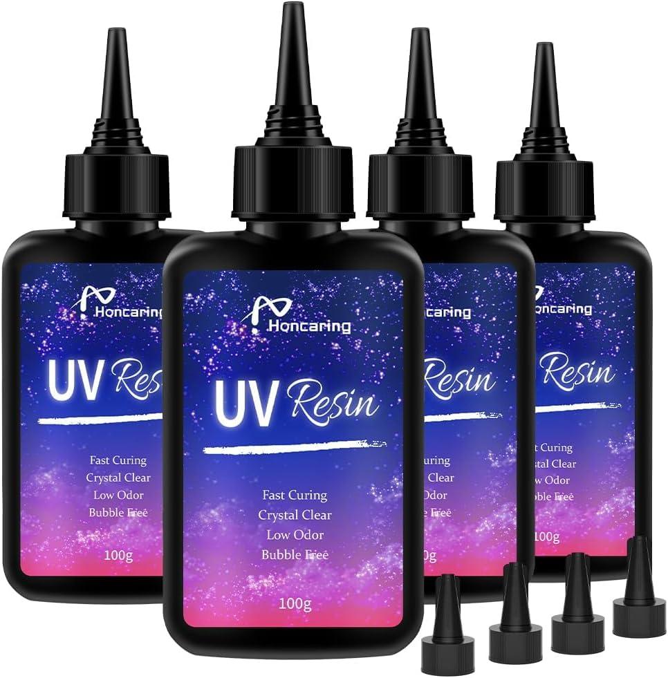 Honcaring UV Resin 400g, Hard Type Clear Beginner-Friendly Kit, Upgraded Formula & Crystal Clear for Jewlery Making, 100g*4 Resin UV Kit with for Earring, Pendant, DIY